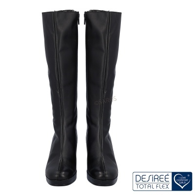 Botas altas pretas em material sintético com fecho e sola plana