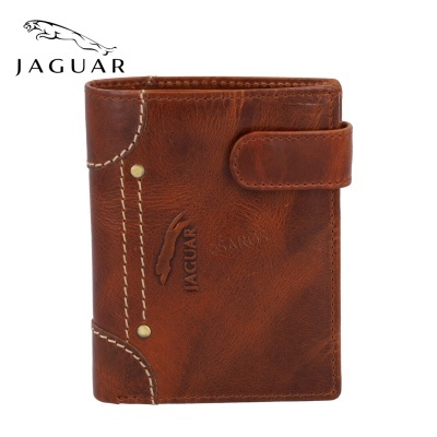 Carteira de couro castanho com fecho e logótipo Jaguar