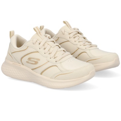 Ténis beige Skechers com sola branca e logo S lateral