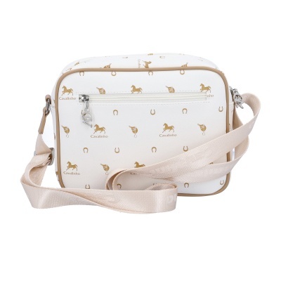 Mala transversal branca com padrão bege e logótipo Cavalinho e alça bege ajustável