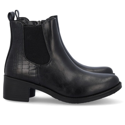 Botas pretas de salto médio com textura crocodilo e banda elástica lateral