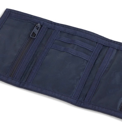 Carteira azul escura em tecido com bolso de fecho éclair e divisórias internas