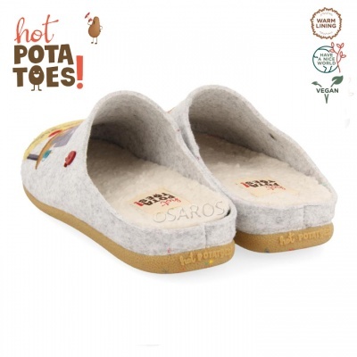 Chinelos cinza claro com forro quente e sola castanha clara, com texto HOT POTATOES na sola e símbolos de características na imagem
