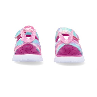 Sandálias Skechers multicoloridas para crianças com sola branca e detalhe em rosa translúcido.