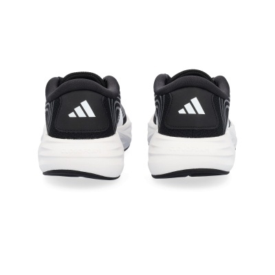 Ténis desportivos Adidas pretos e brancos vistos de trás com logo branco