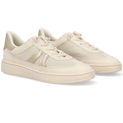 Par de sapatilhas femininas creme com detalhes dourados e malha tipo colmeia