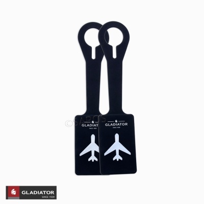 Etiqueta de bagagem preta com desenho de avião e texto GLADIATOR SINCE 1929