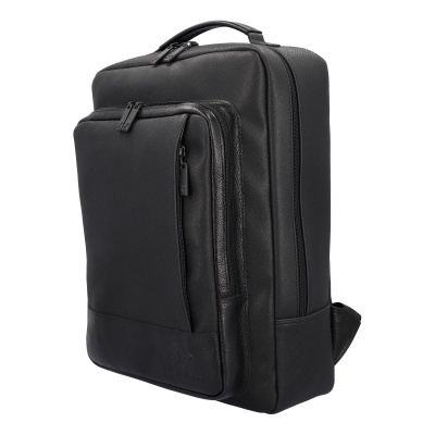 Mochila preta em couro e tecido com fechos de correr e alça superior