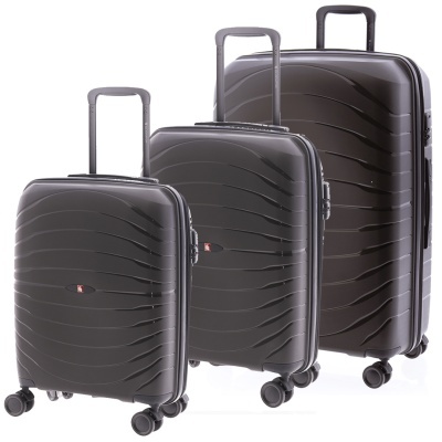 Três malas pretas com padrão ondulado e rodas