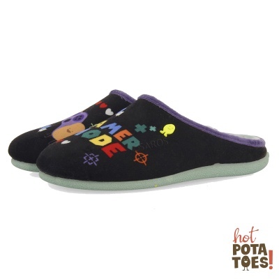 Chinelos pretos com decoração colorida e sola verde clara