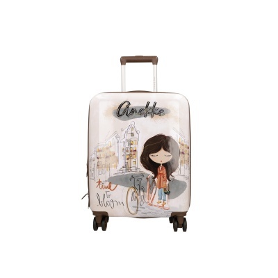 Mala de viagem rígida branca com ilustração e texto decorativo