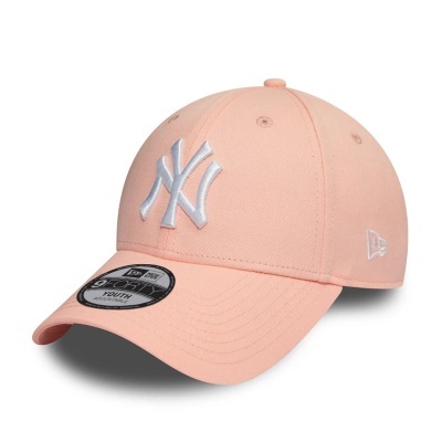 Boné rosa com bordado branco NY e etiqueta 9FORTY YOUTH ADJUSTABLE na aba