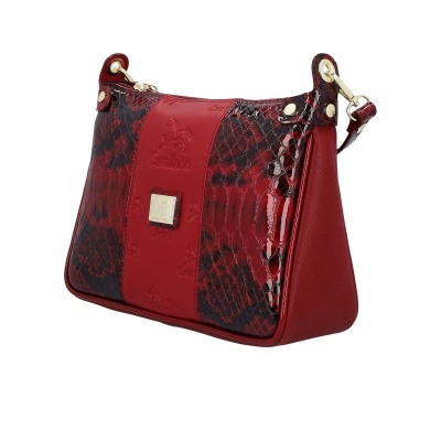 Mala de senhora vermelha com padrão imitação pele de cobra em verniz brilhante