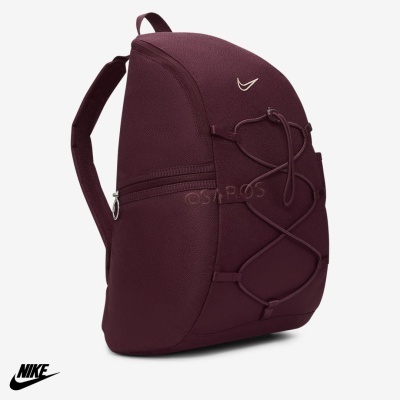 Mochila Nike vinho com fecho, cordas elásticas frontais e símbolo da Nike branco