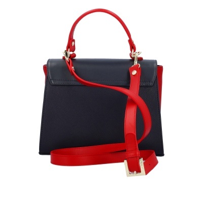 Mala de mão preta com alças vermelhas e fivela dourada