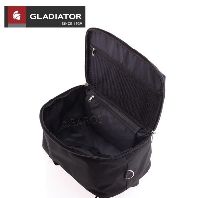Mala preta Gladiator aberta com bolso interior de malha e zíper em fundo branco
