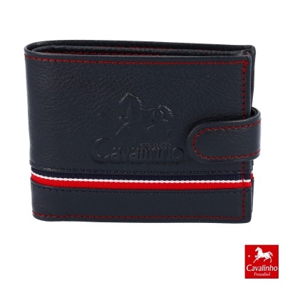 Carteira masculina de pele preta com costura vermelha e logótipo Cavalinho