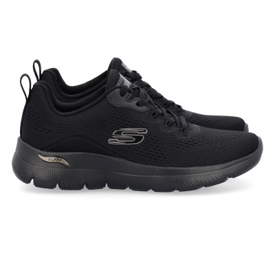 Sapatilhas pretas Skechers com sola preta e logótipo S prateado