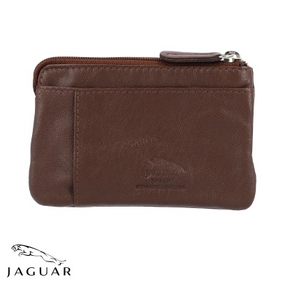Carteira pequena castanha em pele com fecho zip e logotipo Jaguar em relevo
