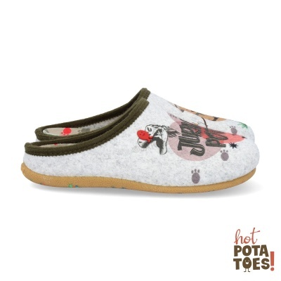 Chinelos cinzento claro com estampa colorida e sola castanha