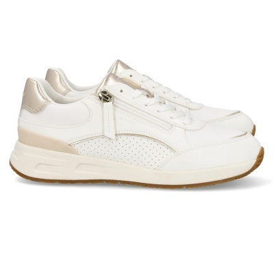 Sapatilhas brancas com detalhes dourados e fecho éclair decorativo.