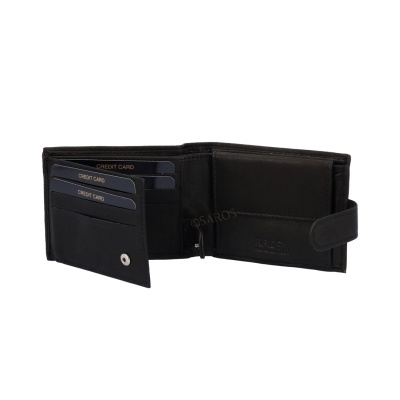 Carteira preta em pele com vários compartimentos para cartões e fecho de botão