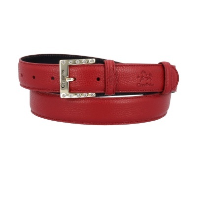Cinto de couro vermelho Cavalinho com fivela dourada decorada com pedras