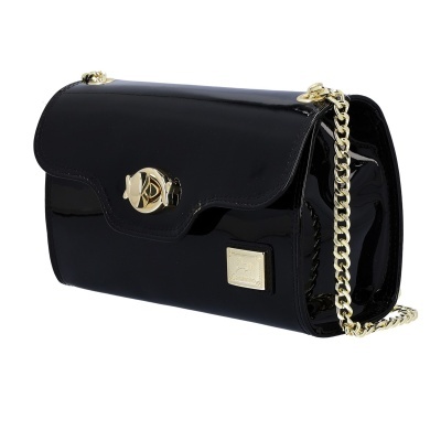 Mala pequena brilhante preta com fecho e corrente dourados