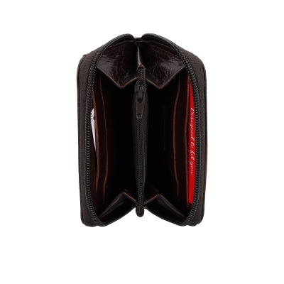 Carteira castanha em couro com fecho de correr preto e divisórias interiores