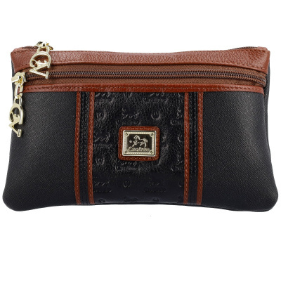 Bolsa clutch preta e castanha com fecho zip e acessórios dourados Cavalinho