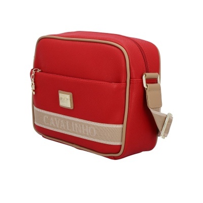 Mala tiracolo vermelha com detalhes em bege e faixa com texto CAVALINHO