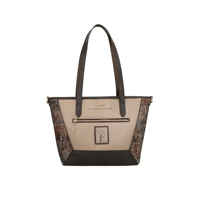 Bolsa de mão bege e castanha com padrão animal print e alças largas