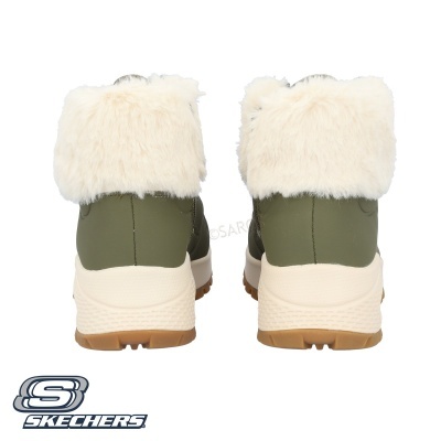 Botas Skechers femininas verdes com pelúcia branca, vista traseira, sola bege e castanha