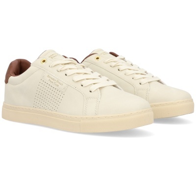 ténis bege com pormenores castanhos e sola cremosa