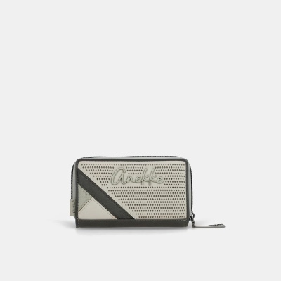 Carteira Anekke cinza e bege perfurada com zipper