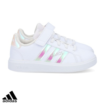 Sapatilhas Adidas brancas para criança com riscas iridiscentes e fecho em velcro