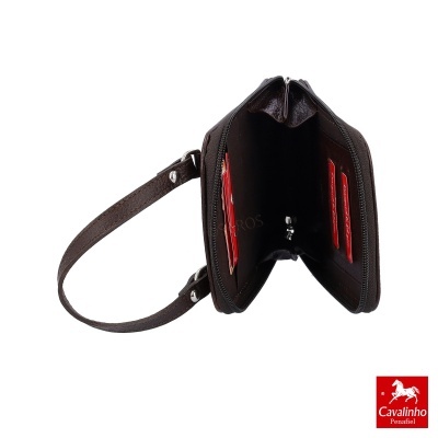 Carteira Cavalinho Penafiel castanha em couro com fecho zip e divisórias interiores vermelhas