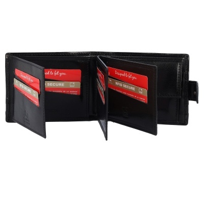 Carteira preta de pele aberta com cartões RFID vermelhos e dourados