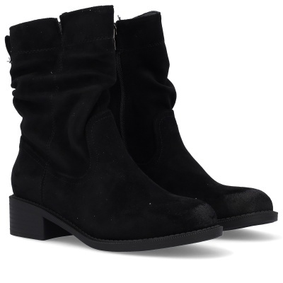 Botas pretas de cano médio em camurça com salto baixo e sola preta