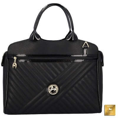 Mala preta de senhora com padrão riscado diagonal e detalhes dourados