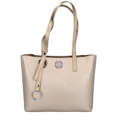 Mala de senhora dourada clara com alças largas e detalhes metálicos prateados