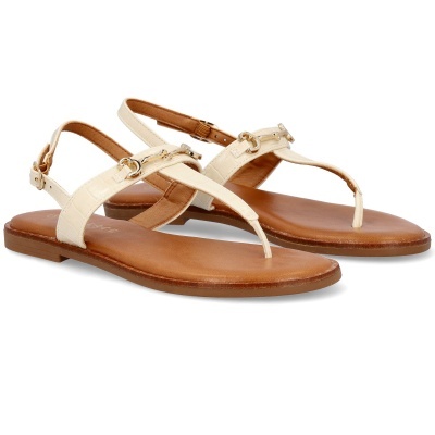 Sandálias femininas castanhas com tiras finas creme e fivela metálica