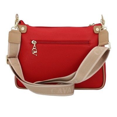 Mala vermelha com alça larga bege e fecho dourado