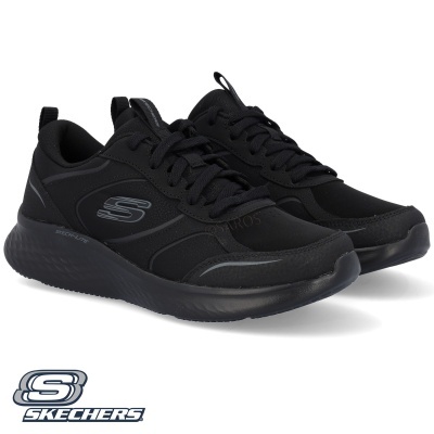 Sapatilhas desportivas pretas Skechers com logótipo cinza sobre fundo branco