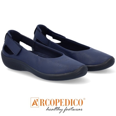 Sapatos femininos azul escuro Arcopedico com sola preta e fecho de velcro