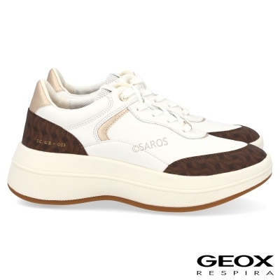 Ténis brancos com detalhes castanho escuro e bege, sola grossa, padrão geométrico e texto GEOX RESPIRA