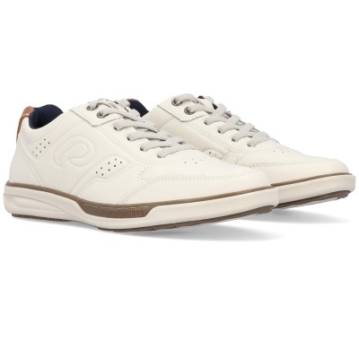 Sapatilhas brancas com detalhes castanhos e cinzentos, solas brancas e atacadores cinzentos