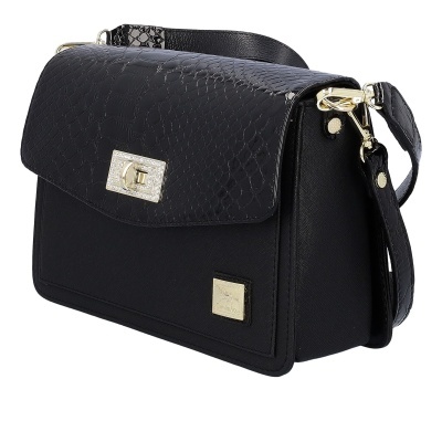 Mala de ombro preta com padrão em pele e detalhes dourados