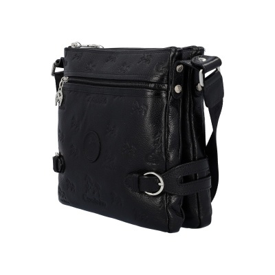 Mala de ombro preta em material sintético com padrão gravado e fecho prateado