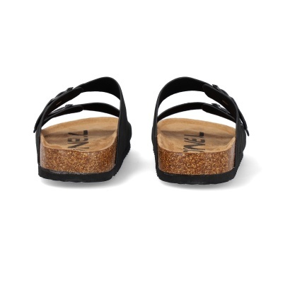 Sandálias femininas pretas com palmilha de cortiça e tiras ajustáveis